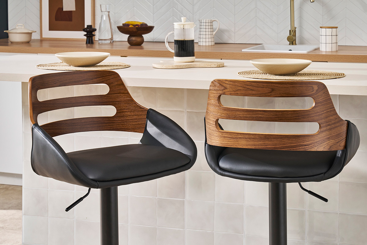 Tabouret de bar relevable design noir et noyer PERNIK