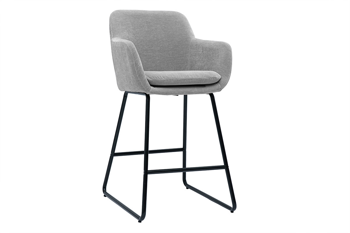 Tabouret de bar en tissu gris avec pieds noirs, vue de 3/4.