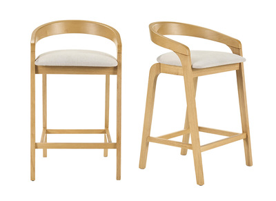 Tabourets de bar en tissu effet velours textur&eacute; beige et bois clair H68 cm (lot de 2) PULSO