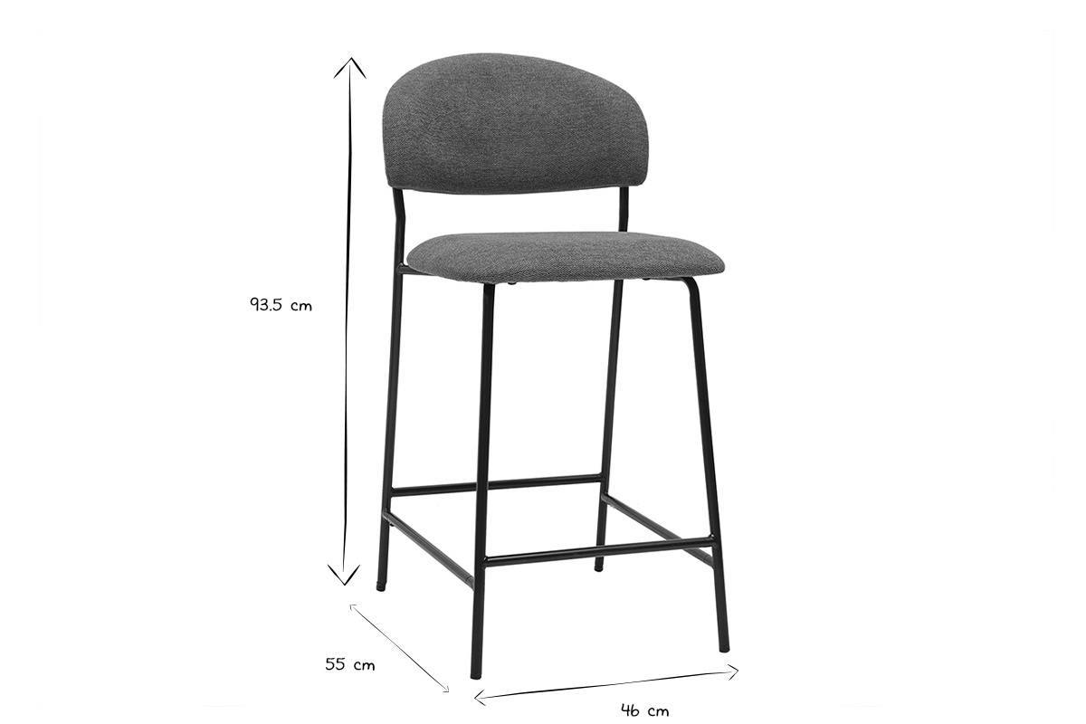 Dimensions d'un tabouret de bar, hauteur 93,5 cm, largeur 46 cm, profondeur 55 cm, en noir et blanc.