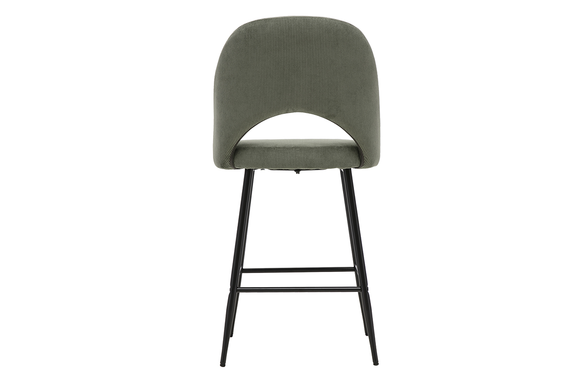 Tabouret de bar en velours c�tel� vert kaki, vue de dos, pi�tement en m�tal noir.