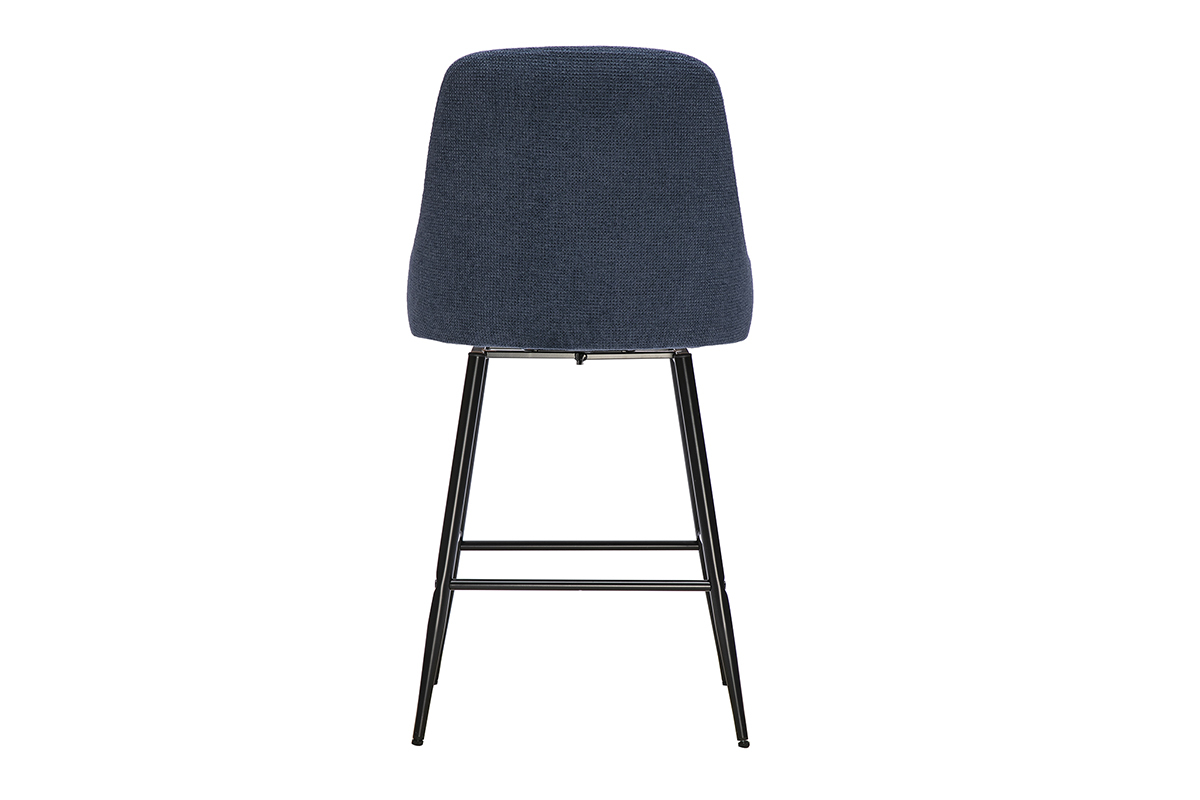 Tabouret de bar pivotant en tissu chenille bleu fonc�, vue de dos, avec pieds en m�tal noir.