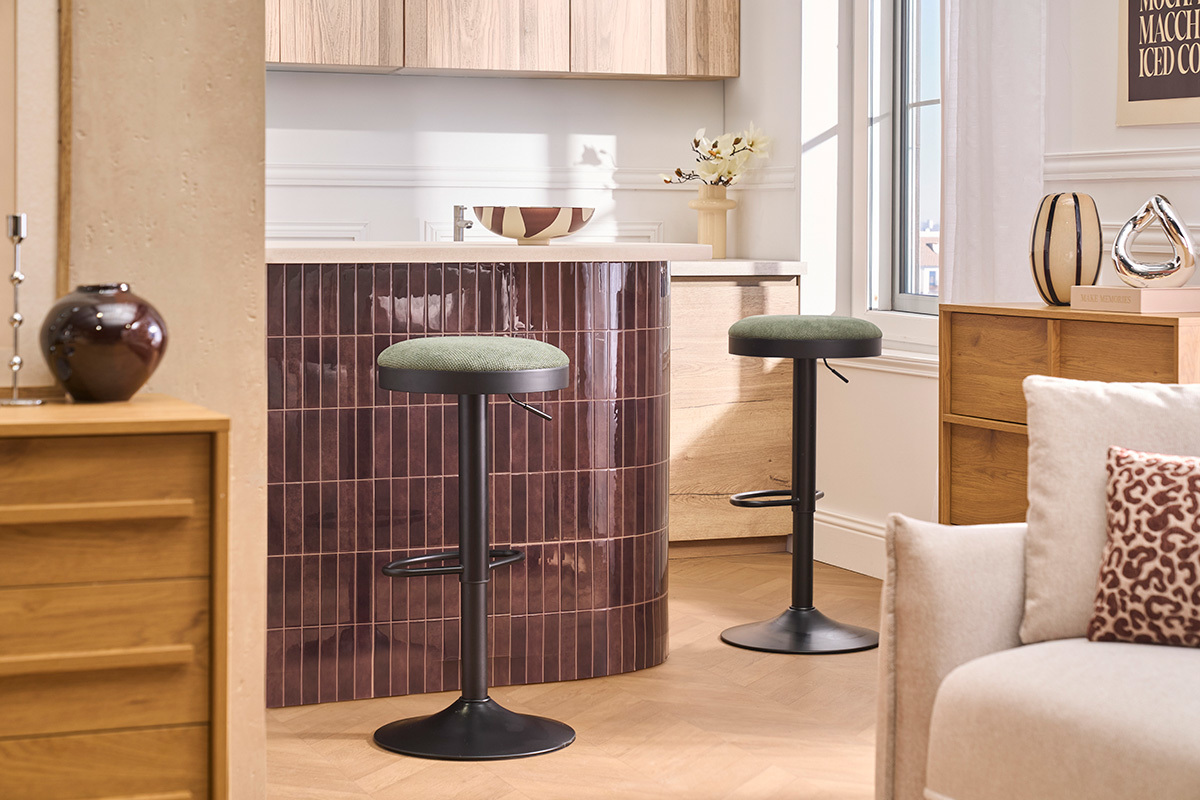 Tabourets de bar r�glables en tissu chenille terre br�l�e et m�tal (lot de 2) THOR