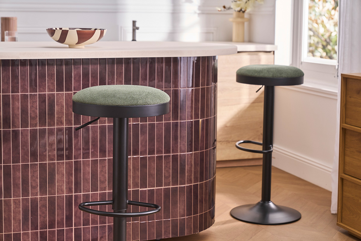 Tabourets de bar r�glables en tissu chenille vert kaki et m�tal (lot de 2) THOR