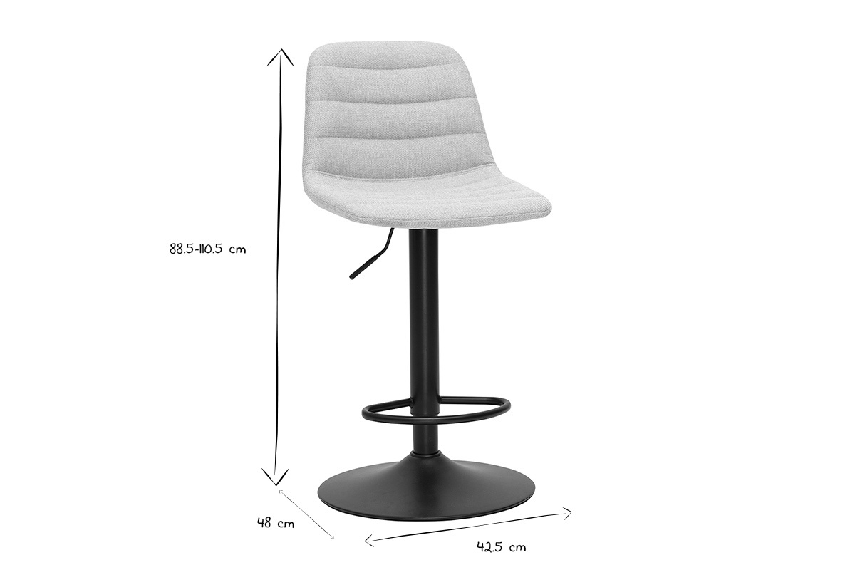 Tabouret de bar r�glable, dimensions en cm : hauteur 88,5-110,5, largeur 48, profondeur 42,5, noir et blanc.