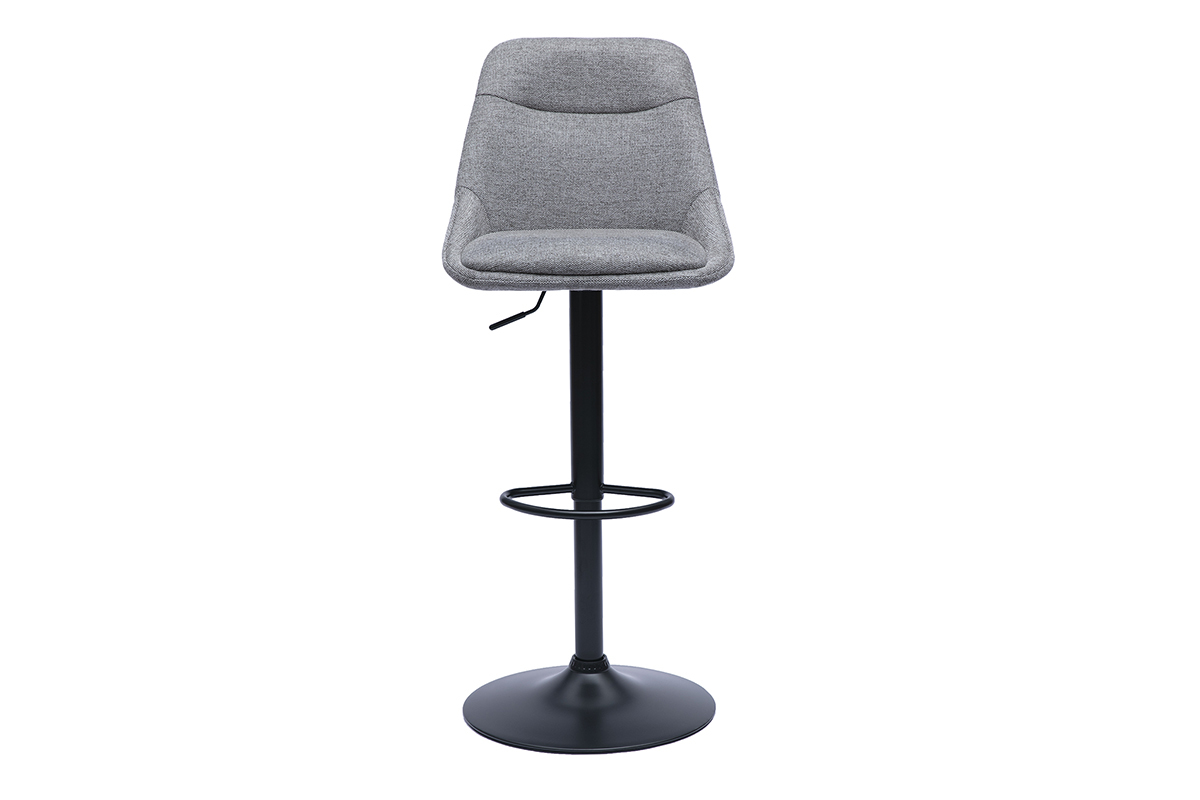 Tabouret de bar en tissu gris et m�tal noir avec assise pivotante et r�glable, vue de face.