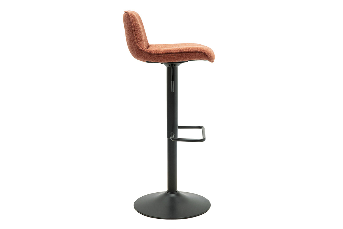 Tabouret de bar en tissu terre br�l�e, m�tal noir, vue de profil, base circulaire, repose-pieds.