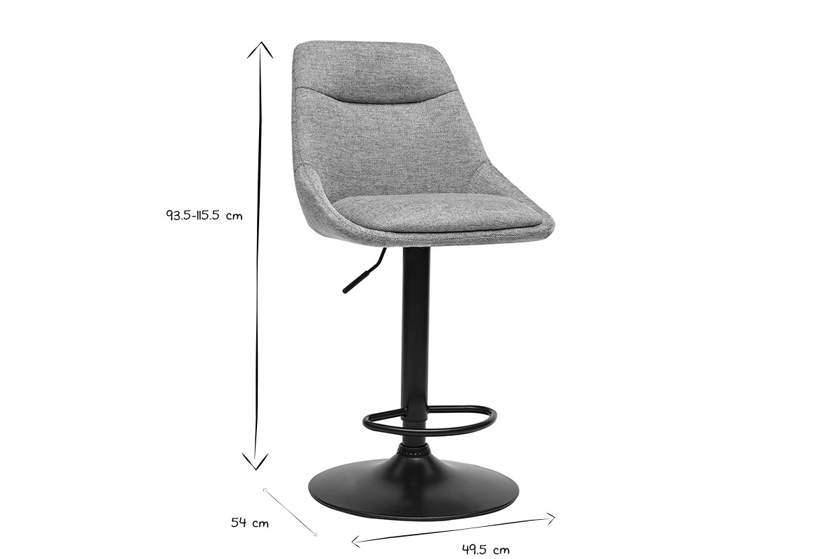 Tabouret de bar r�glable avec base en m�tal noir, vue de 3/4 avec dimensions.