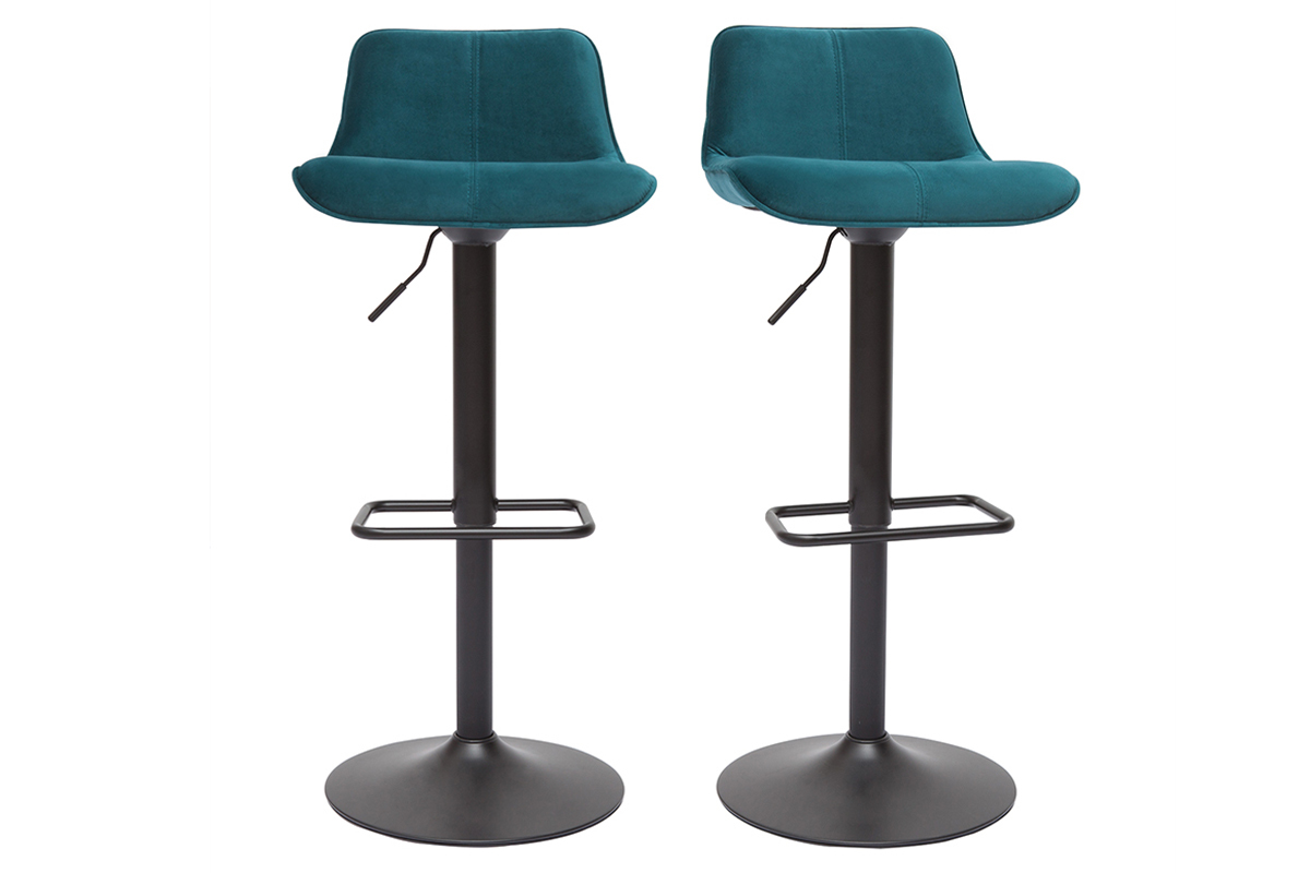Tabourets de bar r�glables pivotants 360� en tissu velours bleu p�trole et m�tal noir (lot de 2) BOOST