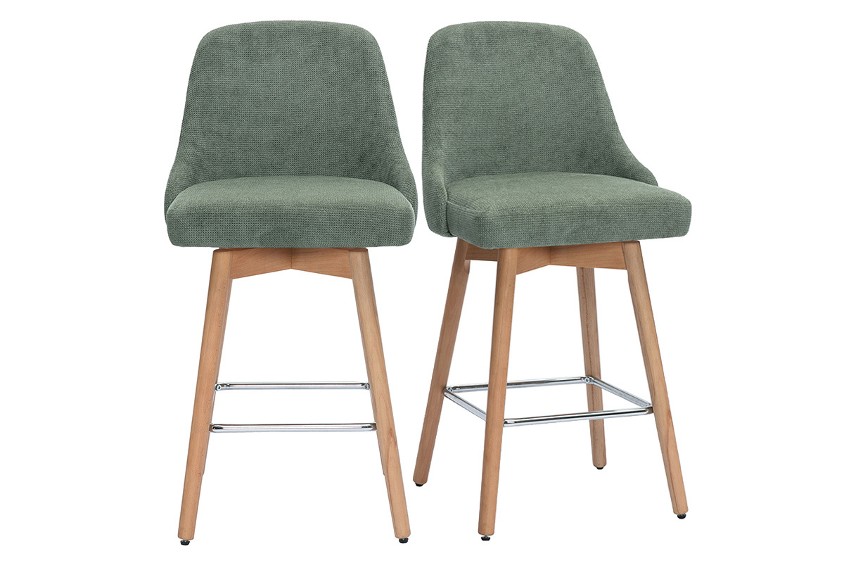 Tabourets de bar scandinaves pivotants 360� en tissu chenille vert kaki et bois h�tre massif H65 cm (lot de 2) HASTA