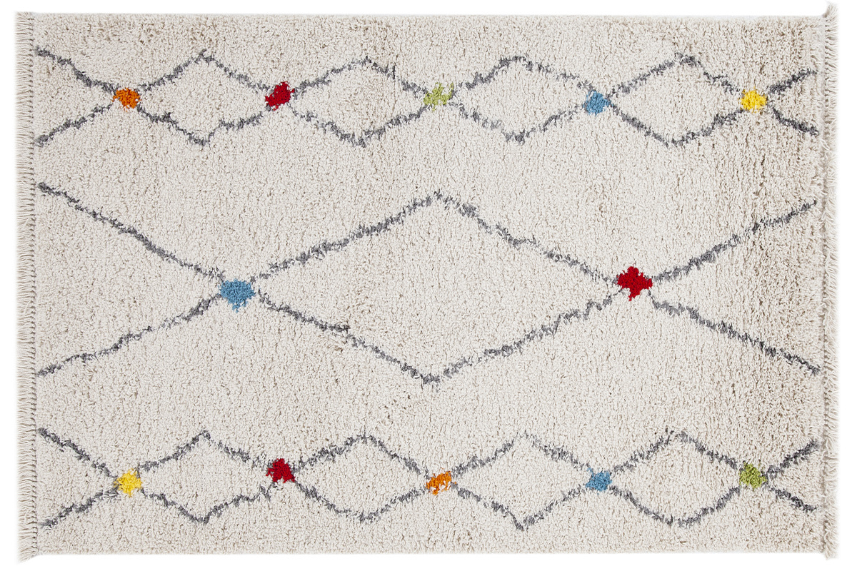 Tapis rectangulaire � motifs losanges, beige, 60 x 120 cm, avec touches color�es.