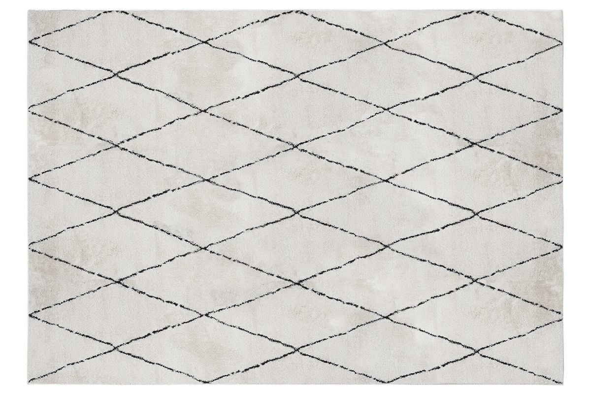 Tapis rectangulaire 200x300 cm, blanc cass� avec motifs losanges noirs, vue de dessus.
